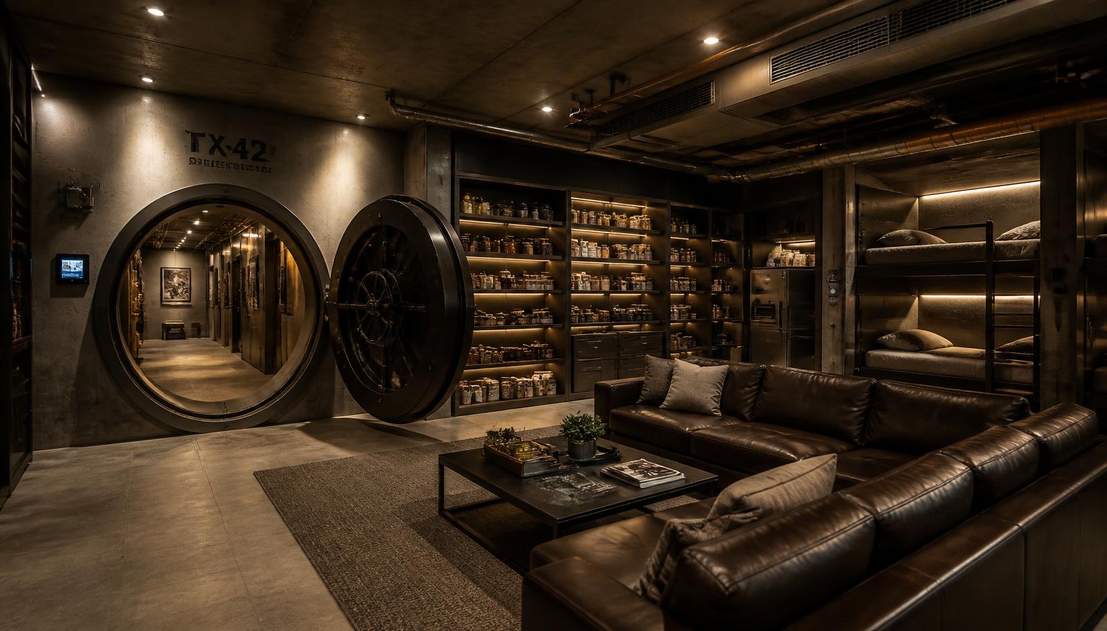 Underground concrete bunker concept with blast door, bunks and provisions storage