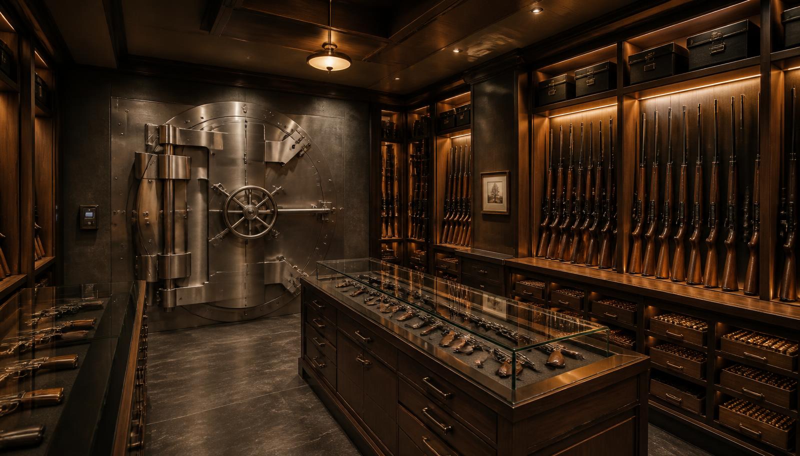 Walk-in gun vault concept with backlit rifle racks and a steel vault door